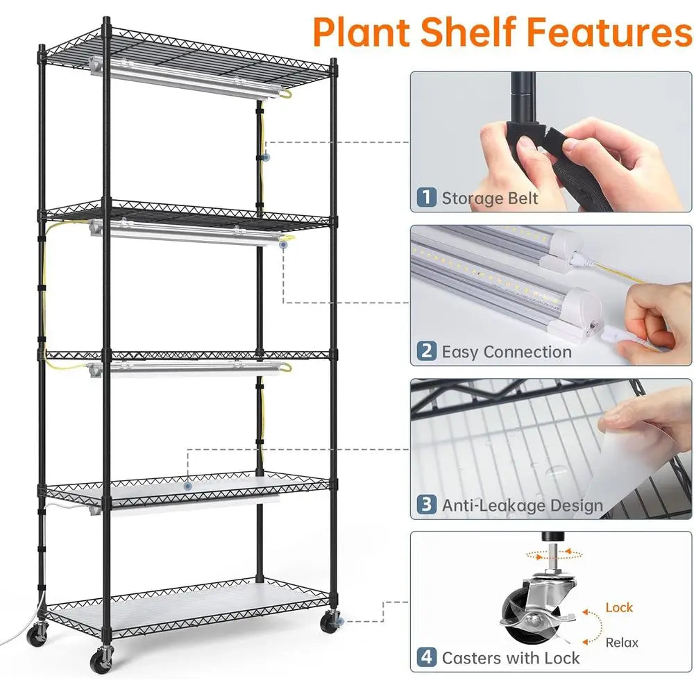 5-Tier Indoor Plant Stand with 24W T8 5000K LED Grow Lights and Timer, 29.5x13.8x59IN
