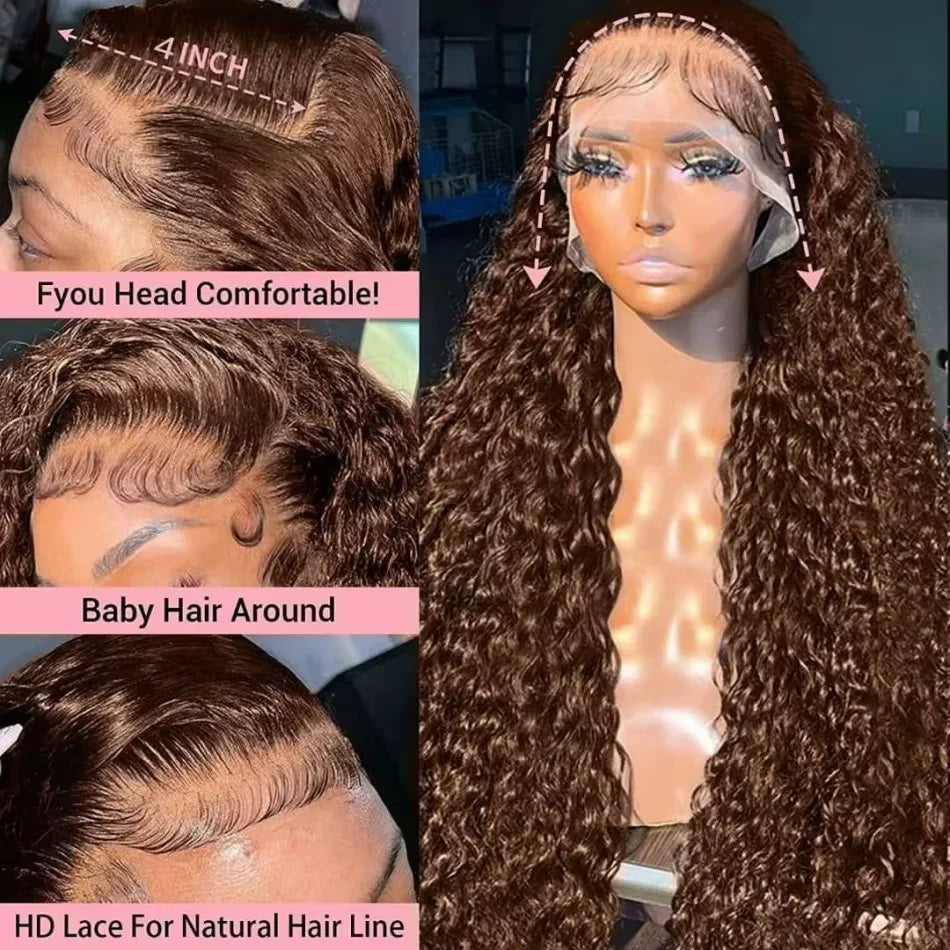 250%Density 28 Inch Chocolate Brown Curly Wigs 13x6 HD Lace Front Wigs Human Hair  Brown Deep Wave Lace Frontal Human Hair Wigs