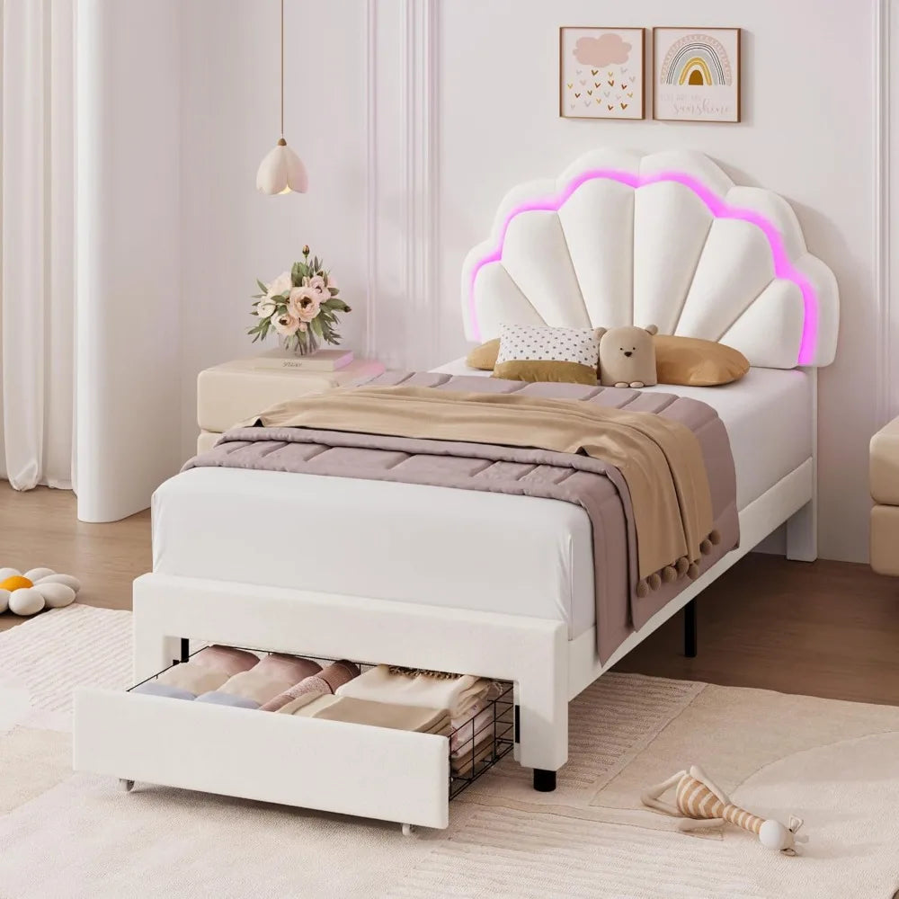 HIFIT 2 Set Twin Bed Frame with Storage and LED Light for Girls, Twin Size Upholstered LED Bed Frame with Drawer & Chic Double P