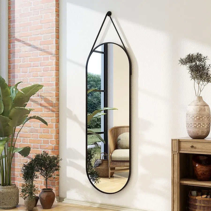 Full Length Mirror, Modern Oval Door Mirror Full Length with Hanging Leather Cord, Wall Mounted Mirror with Hanging Leather Stra