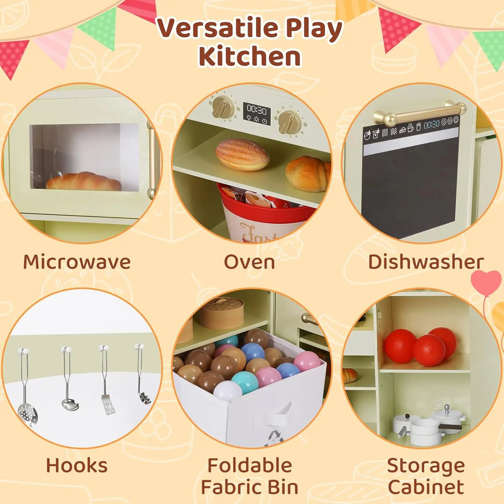 Corner Play Kitchen for Kids, Wooden Pretend Toy Kitchen, Large Toodler Cooking Playset w/Refrigerator, Stove w/Light & Sound, D