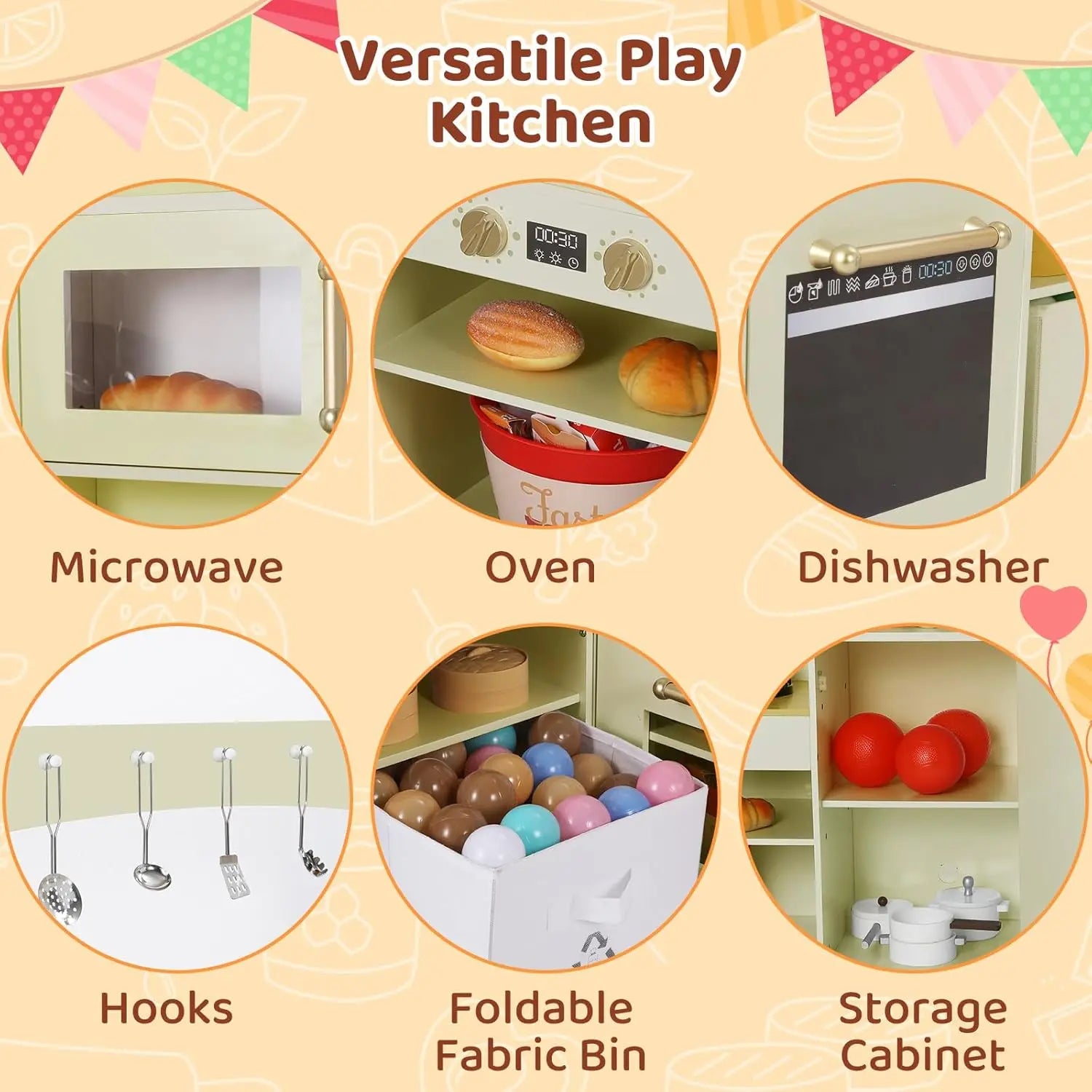 Corner Play Kitchen for Kids, Wooden Pretend Toy Kitchen, Large Toodler Cooking Playset w/Refrigerator, Stove w/Light & Sound, D