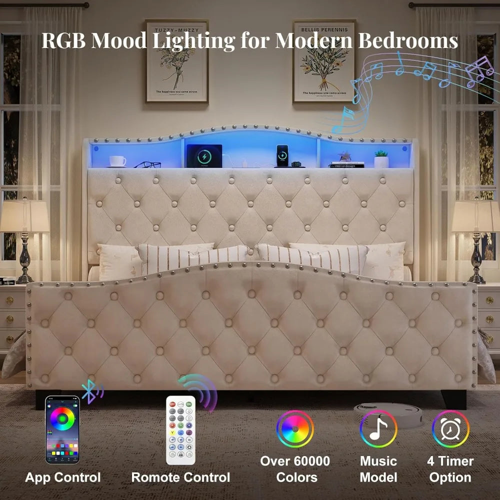 Belffin Queen Size Bed Frame and Headboard, 50.9 Velvet Upholstered Wingback Bedframe with LED Lights & Storage/Charging Station
