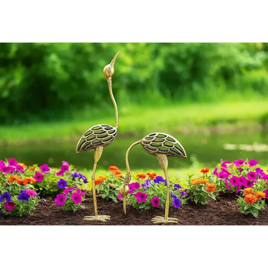 Cast Iron Metal Crane/Heron Bird Garden Sculptures Statues for Indoor or Outdoor Lawn Decor Rustic Bronze Set of 2