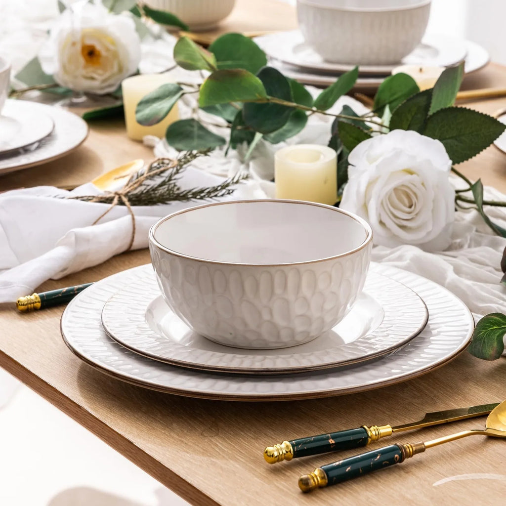 Ceramic Tableware Set12 Piece Elegant Embossed Ceramic Dinnerware Set with Plates and Bowls for Modern Tabletop Styling