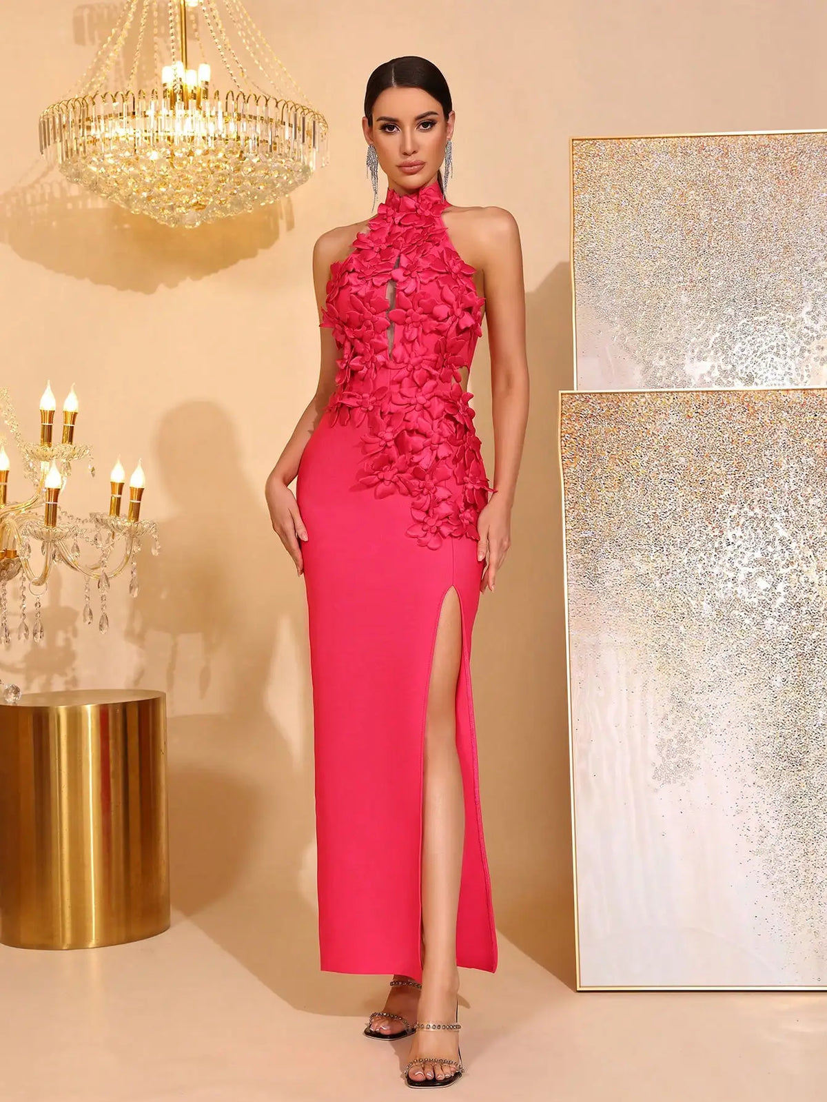Elegant 3D Floral Halter Sleeveless High Slit Bandage Maxi Dress For Evening Party Wedding