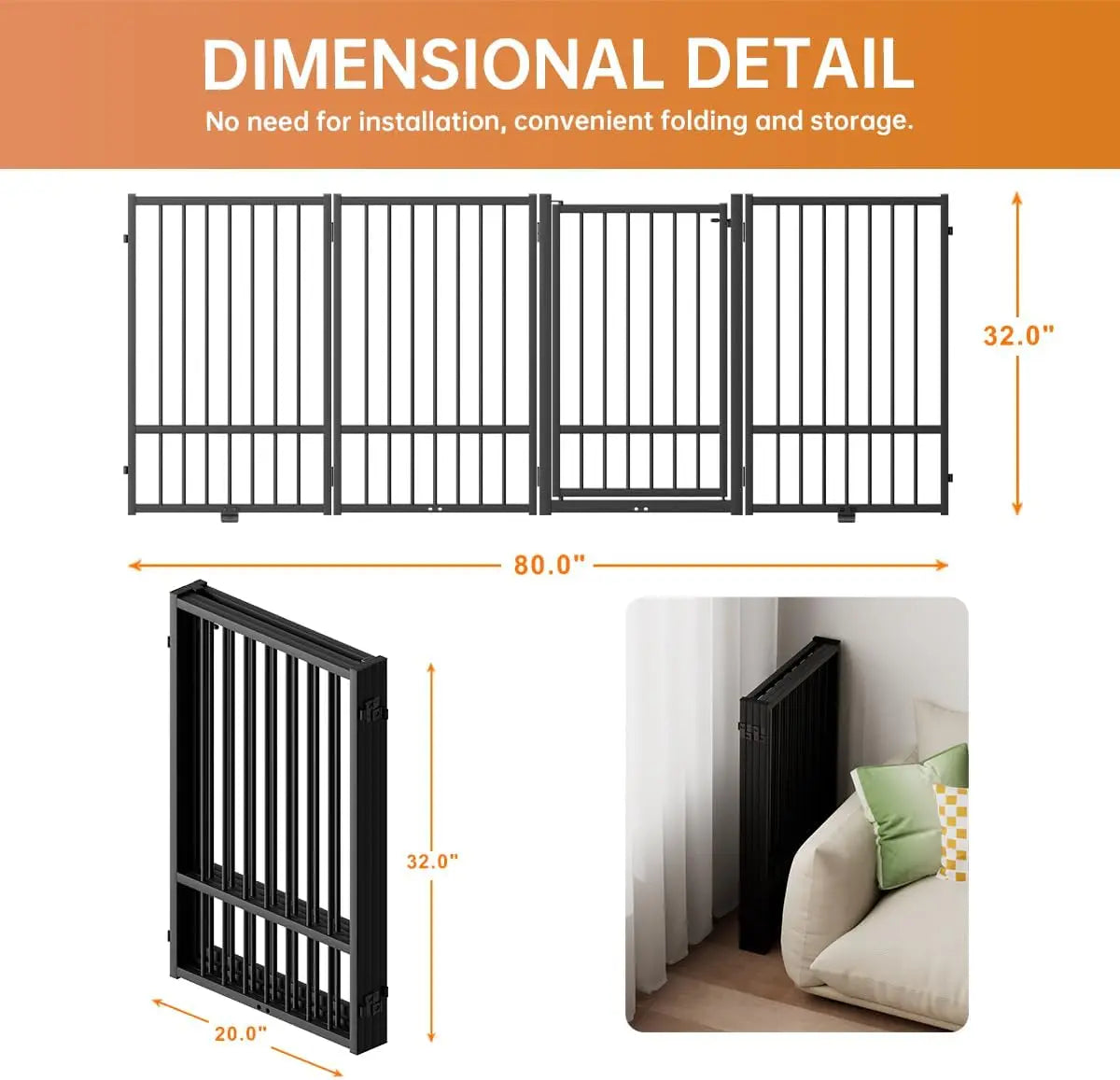 Foldable Metal Pet Gate with Door, 32" Height Freestanding Dog Fence for Indoor Outdoor Use