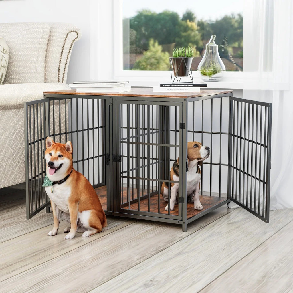 Heavy Duty Wooden Dog Crate Furniture Side Table,Pet Kennel with 4 Doors & Lock Latches for Small/Medium Dogs