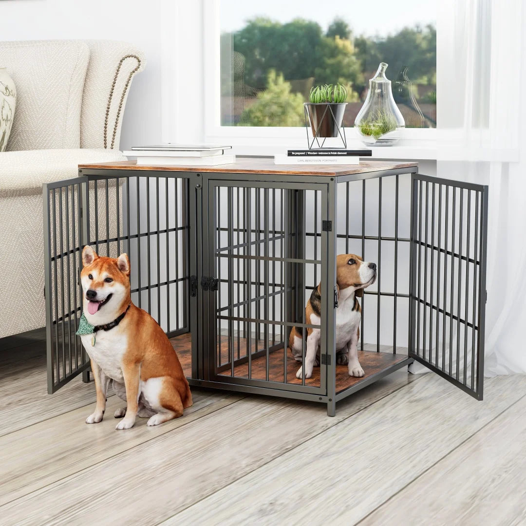 Heavy Duty Wooden Dog Crate Furniture Side Table,Pet Kennel with 4 Doors & Lock Latches for Small/Medium Dogs