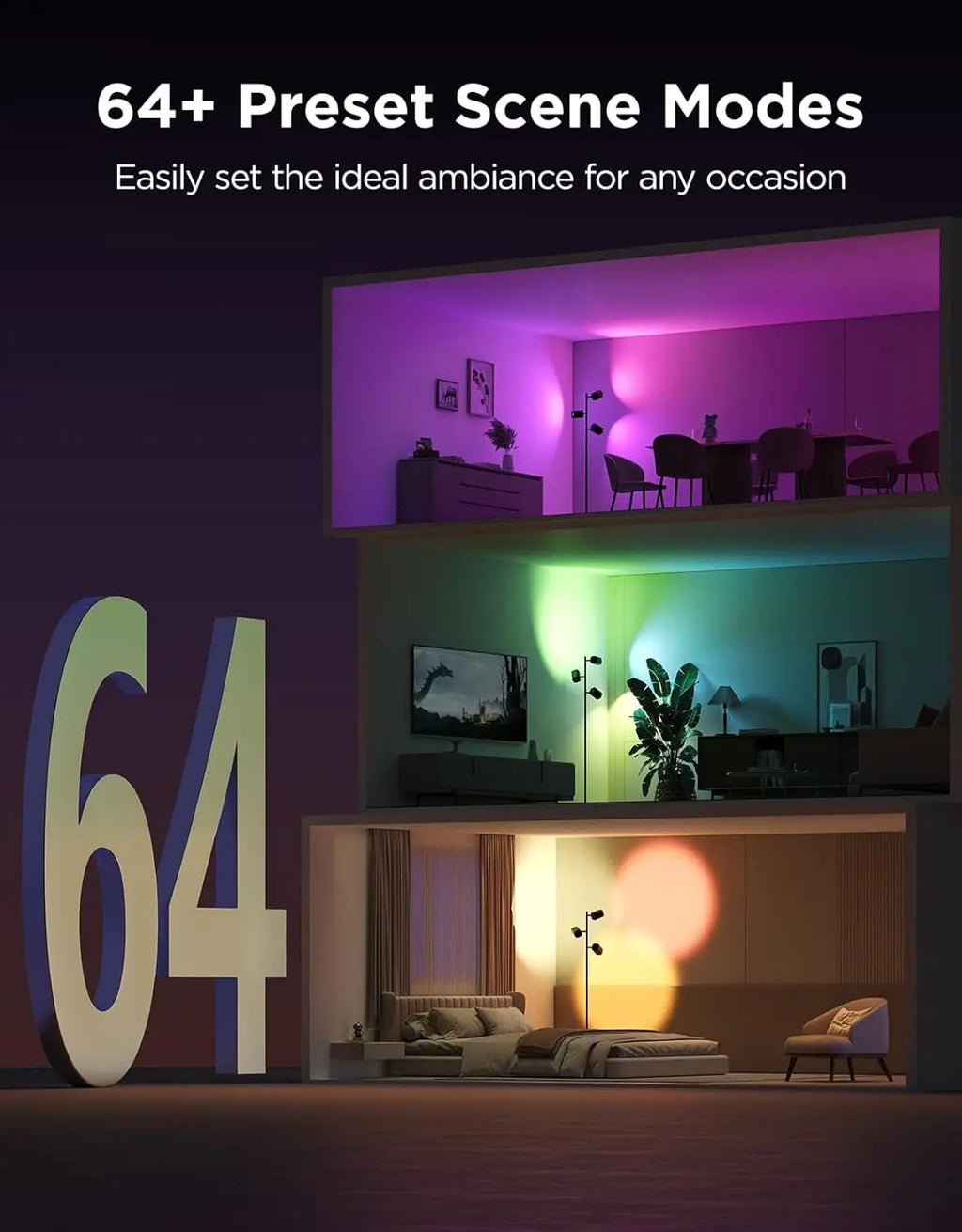 Smart Tree Floor Lamp with Matter, 3 Rotatable Lights, 64 Dynamic Scenes, Music Sync for Living Room