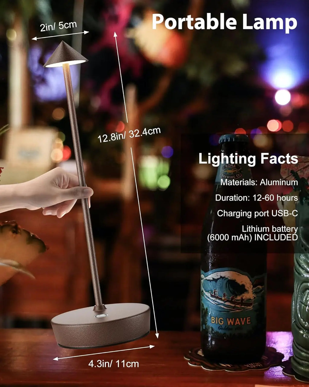 Rechargeable Cordless LED Table Lamp, Waterproof Touch Dimmable with 6000mAh Battery for Indoor Outdoor Use