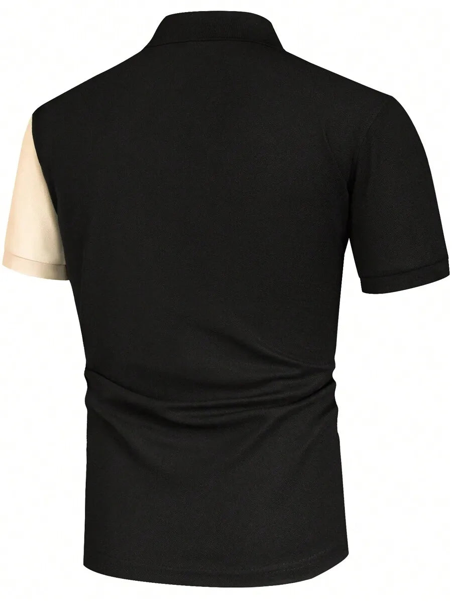 Men's Colorblock Contrast Stripe Polo Shirt - Black & Beige