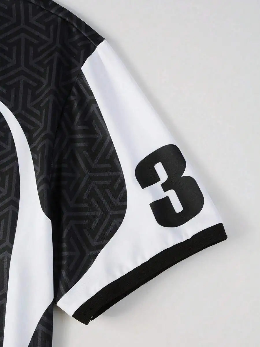 Men's Black White Graphic Print Polo Shirt, Loose Fit Y2K Streetwear Style