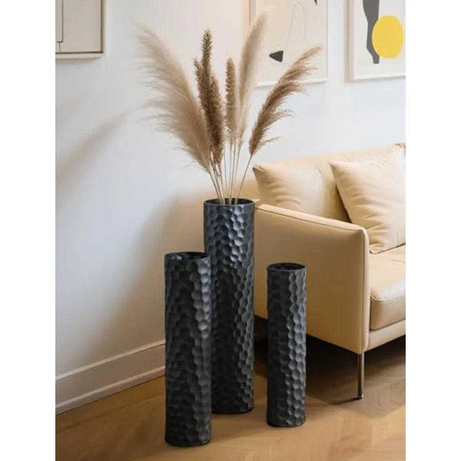Tall Floor Vase: 27/23/20in Large Floor Vases Standing for Living Room - Hammered Metal Floor Vases Set of 3 - Cylinder Flower