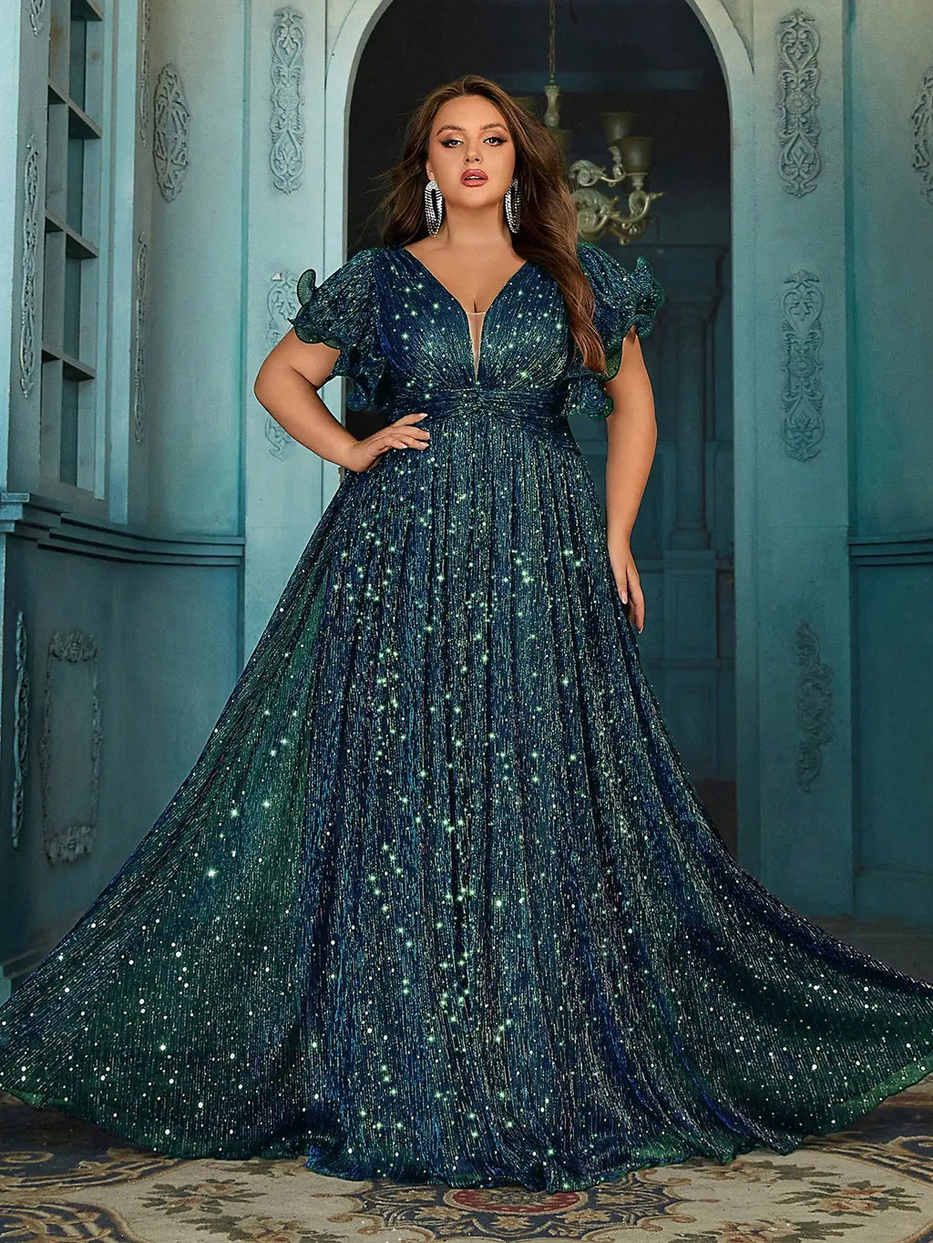 Plus Size Shiny Formal Party Dress With Ruffle Sleeves V Neck Floor Length
