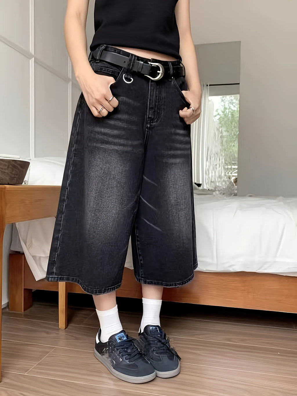 American Street Style Black Denim Cropped Shorts for Women, New Summer Style, Loose Wide-Leg, Slimming Straight Casual Mid-Length Pants
