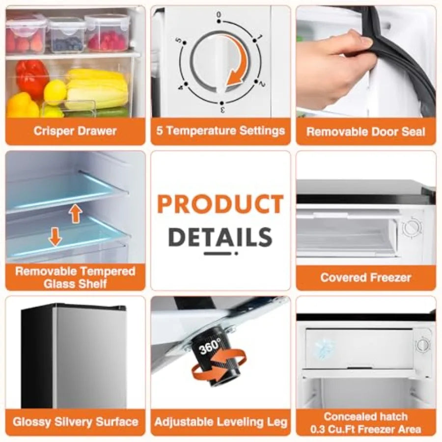 3.2 Cu.Ft Mini Fridge with Freezer Small Refrigerator Adjustable Thermostat Energy-efficient Low Noise Compact Fridge for Bedro
