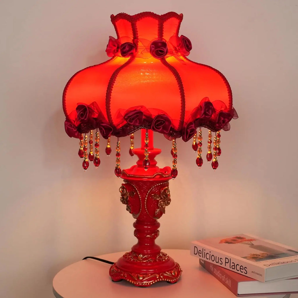 Elegant Antique Flower Table Lamp with Fabric Shade, Rose Decorative Night Light for Bedroom Nightstand