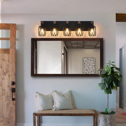 32 Inch 5-Light Vintage Mirror Sconce Black Cage Wall Sconce with Wooden Accents for Bathroom Bedroom (E26, Bulb Not Included)