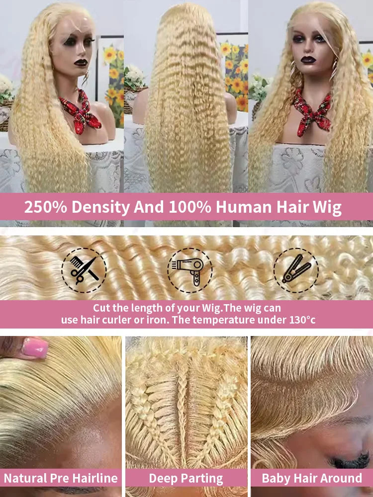 300% 613 Curly 13x6 HD Lace Frontal Wigs 40 42 Inch Loose Deep Wave Human Hair Honey Blonde Water Wave Lace Front Wigs For Women