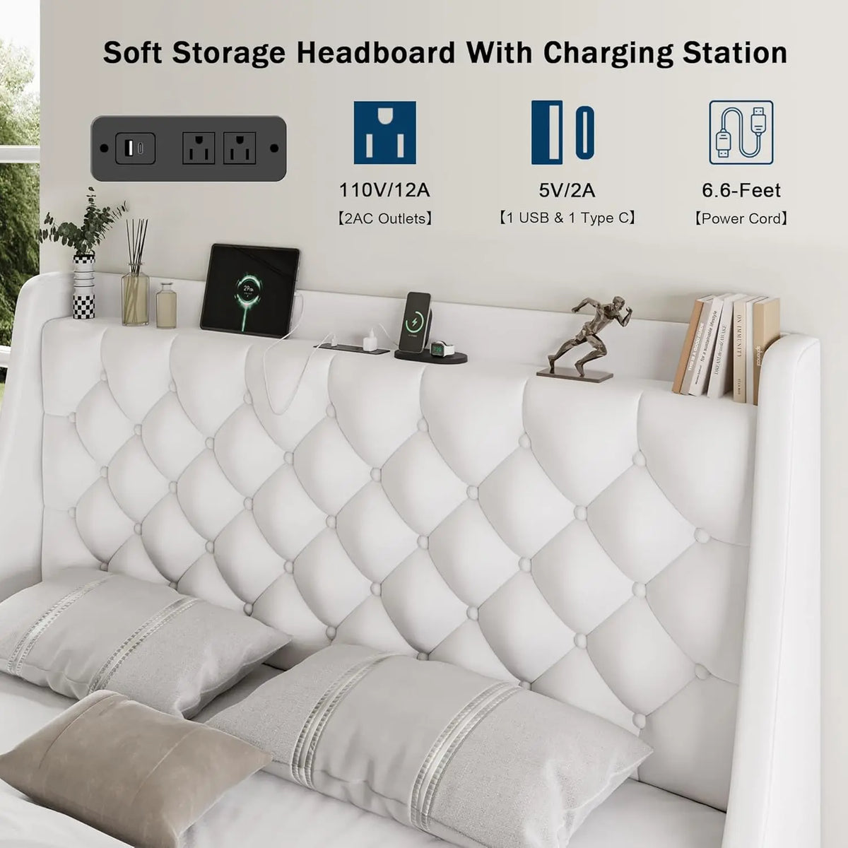 Full Bed Frame With 4 Storage Drawers, Huge Upholstered Wingback Headboard, Fast Charging Station, No Box Spring, Customized