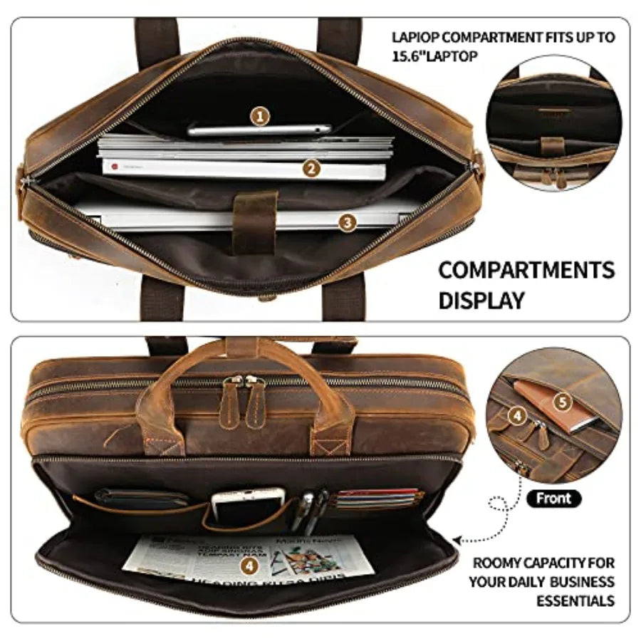 JackChris Full Grain Leather Briefcase for Men Business Messenger Bag Laptop Bag Attache Case Fits 15.6 Inch Laptop Brown Premi