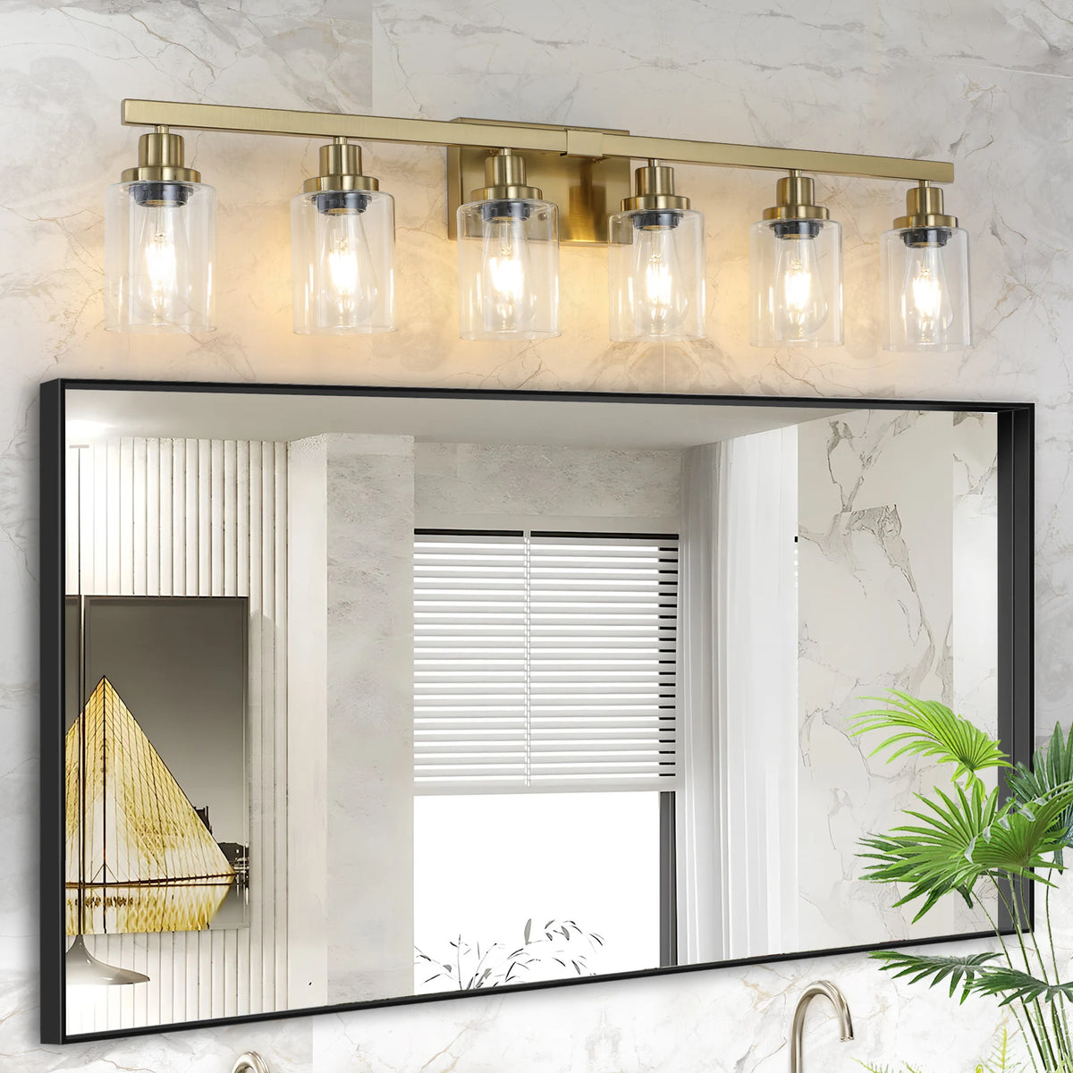 6 Lights Gold Bathroom Vanity Mirror Wall Sconce with Glass Shade Mirror Front Lights Minimalist Style for Bedroom Dressing Room
