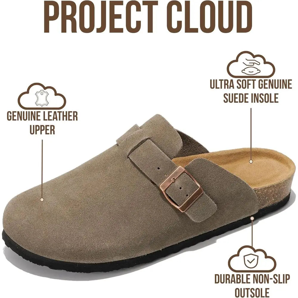 Memory Foam Cushioned Leather Clogs for Men with Arch Support and Non-Slip Cork Sole Slippers