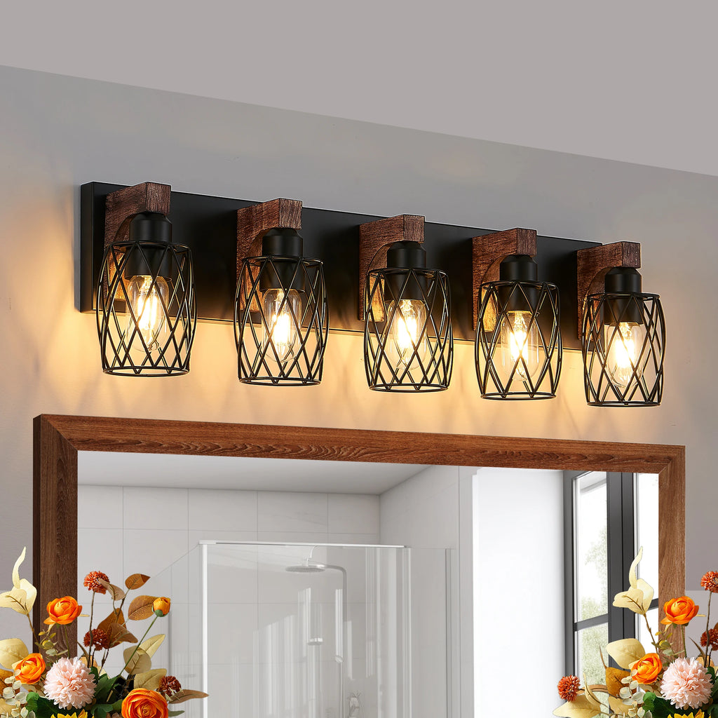 32 Inch 5-Light Vintage Mirror Sconce Black Cage Wall Sconce with Wooden Accents for Bathroom Bedroom (E26, Bulb Not Included)