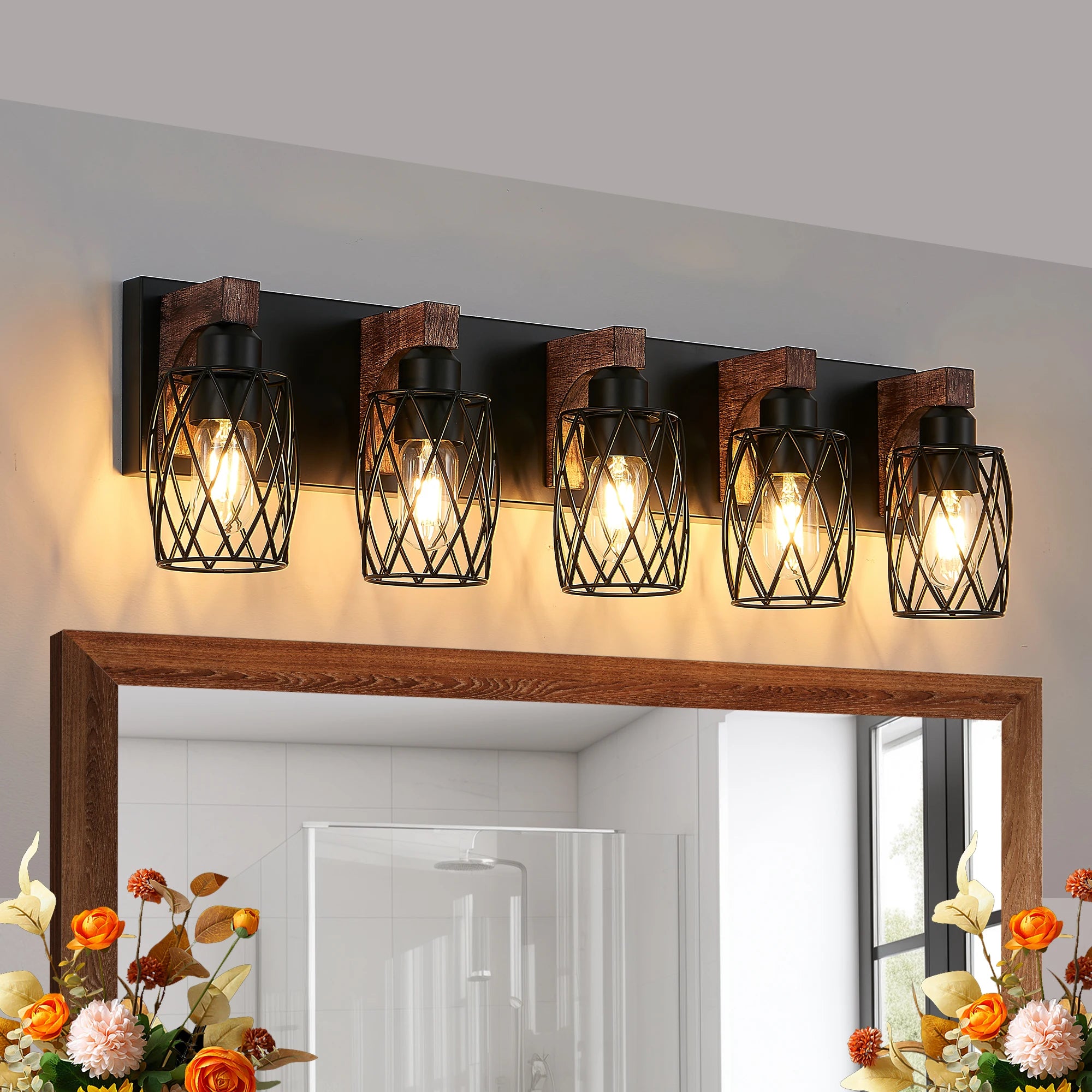 32 Inch 5-Light Vintage Mirror Sconce Black Cage Wall Sconce with Wooden Accents for Bathroom Bedroom (E26, Bulb Not Included)