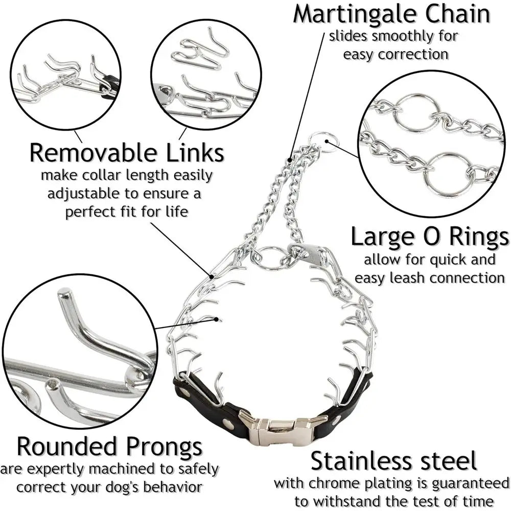 Prong Collar or Dog Training with Easy Quick Release Buckle - German Made Dog Collar with Chrome Plated Steel 4.0mm Prongs for E