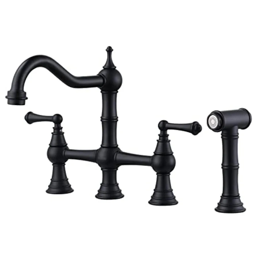 Black Kitchen Faucet with Side Sprayer 4 Hole Brass Kitchen Faucets for Sink 2 Handle 8 Inch Centerset Bridge Faucet Vintage Fa