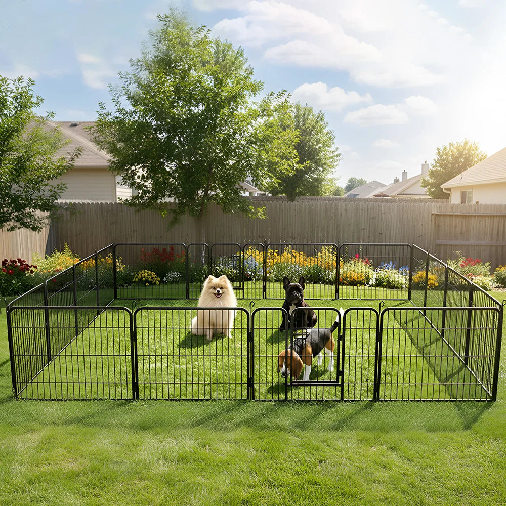 DOPINMIN 16 Panel Dog Fence Foldable Heavy Duty Metal Pet Playpen, Lockable Double Door, In/Outdoor Exercise Space for Animals