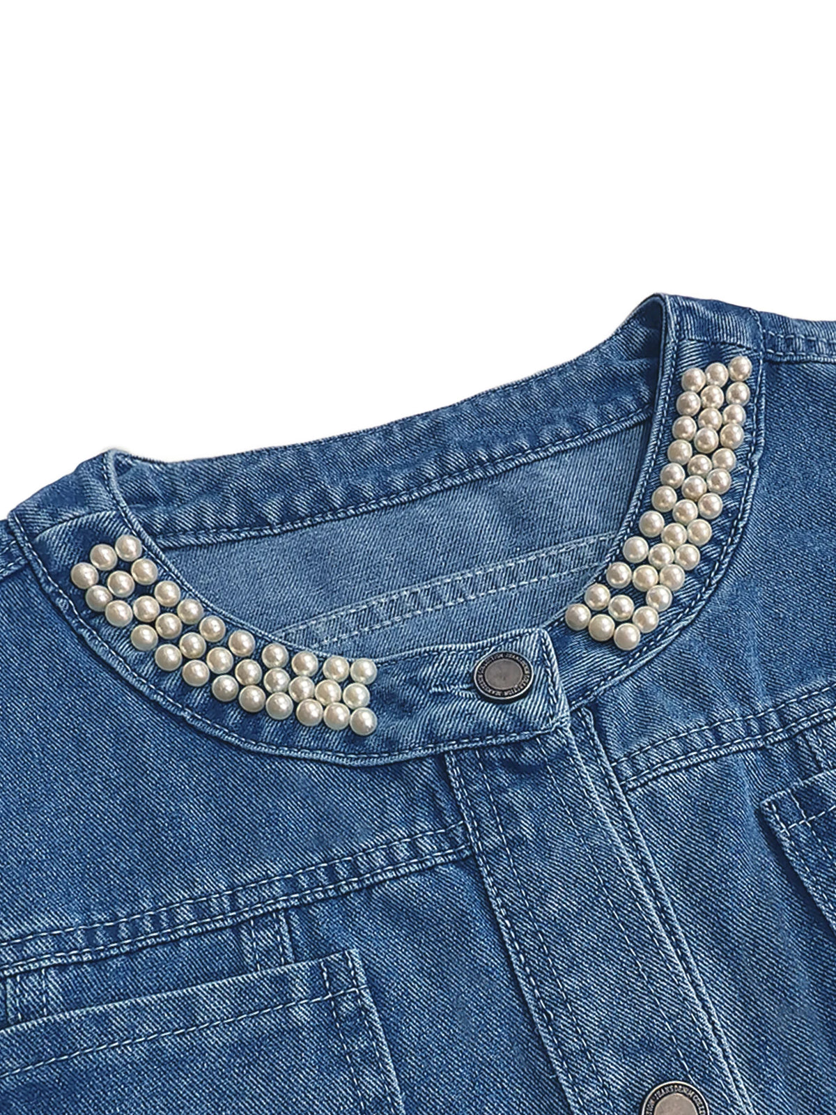 Plus Size Women's Short Denim Jacket Pearl Lace Design Elegant Comfortable Oversized Ladies' Jeans Jacket