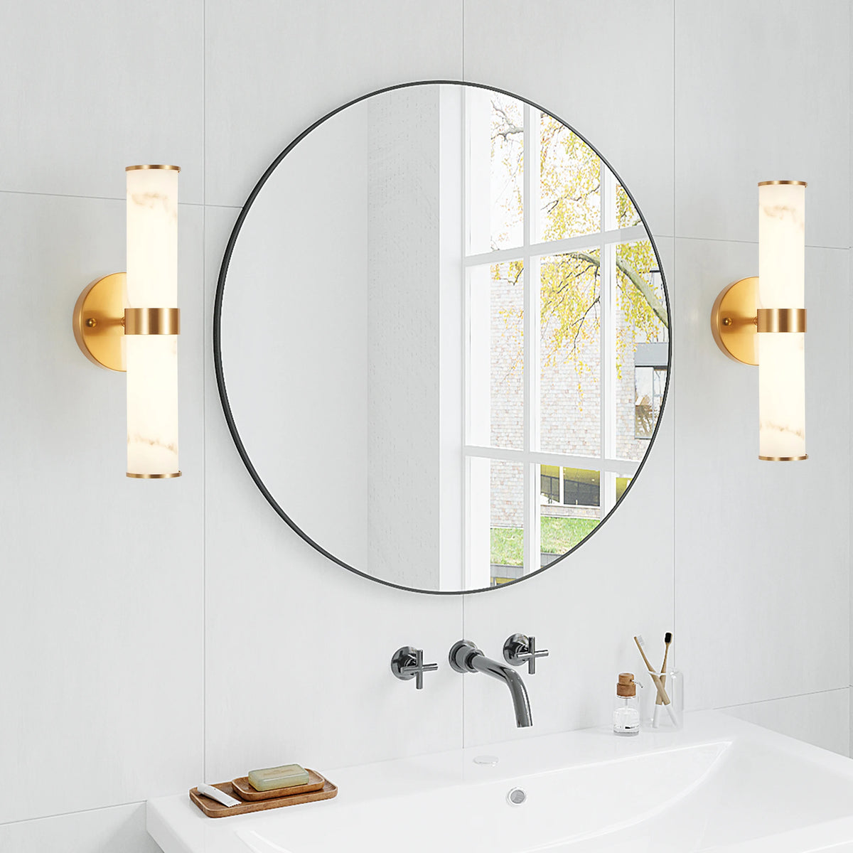 2-Pack Electroplated Gold Wall Sconces with Marble Pattern Shades, Indoor Decorative Wall Lights for Living Room Hallway Bedroom