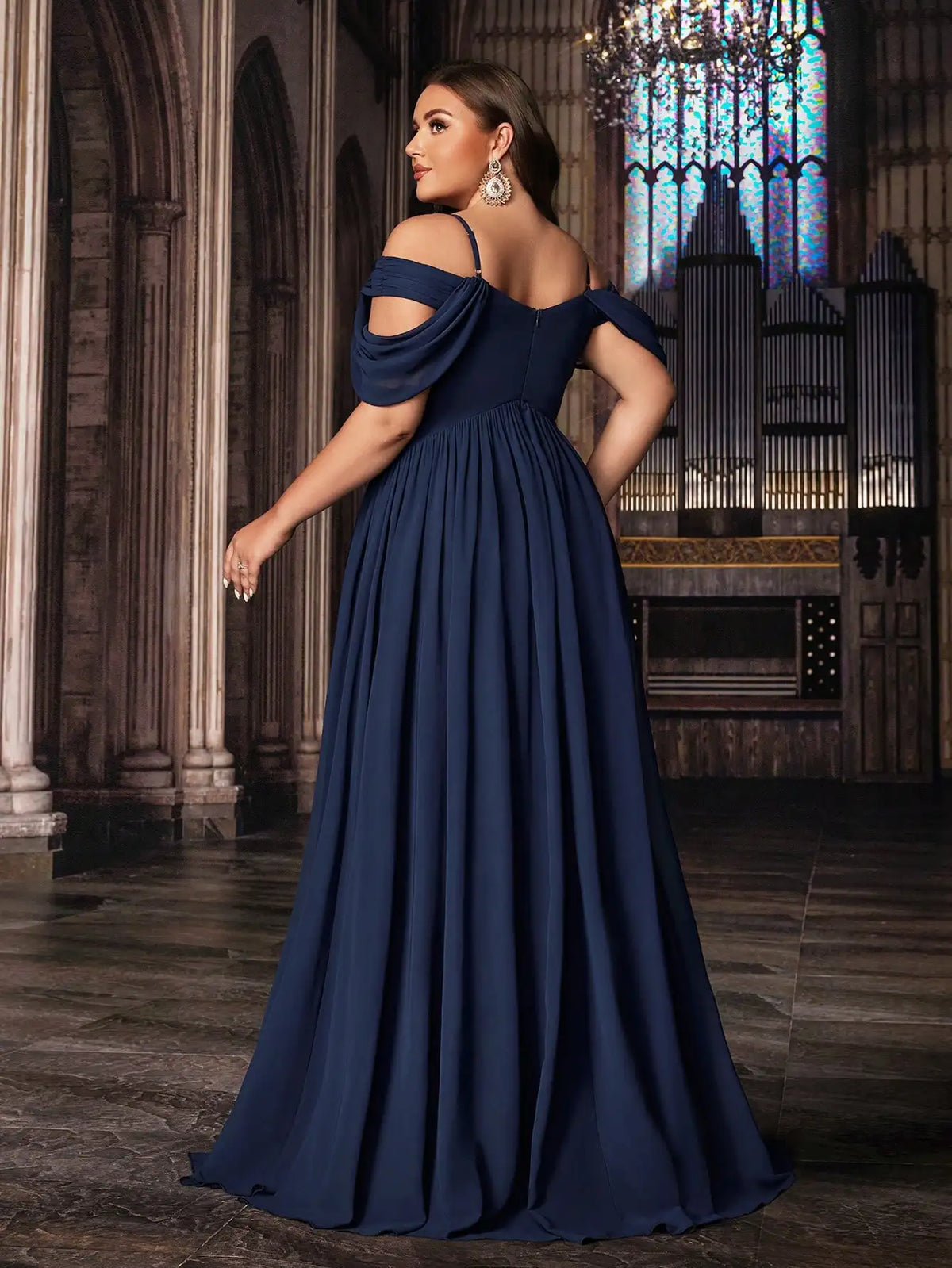 Navy Blue Plus Size Formal Evening Gown With Sequins Off Shoulder Floor Length