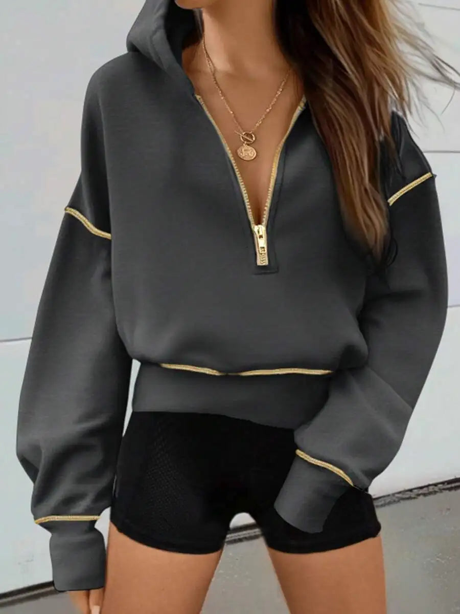Women's Light Gray Half-Zip Hooded Sweatshirt with Gold Trim, Loose Fit Casual Pullover