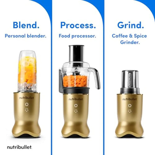 3-1 Compact Kitchen System 1200W with Blender Food Processor Coffee and Spice Grinder Brass 32oz 24oz Blending Cups 2-Cup Food