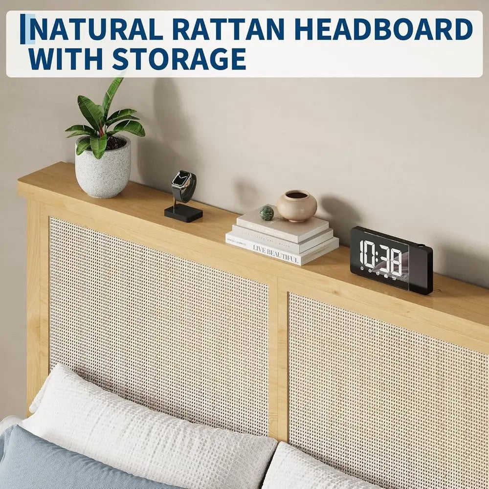 Queen Size Rattan Bed with LED Light, Natural Board, Boho Style, Storage Space, Sturdy Wooden Slats, No Box Spring Needed