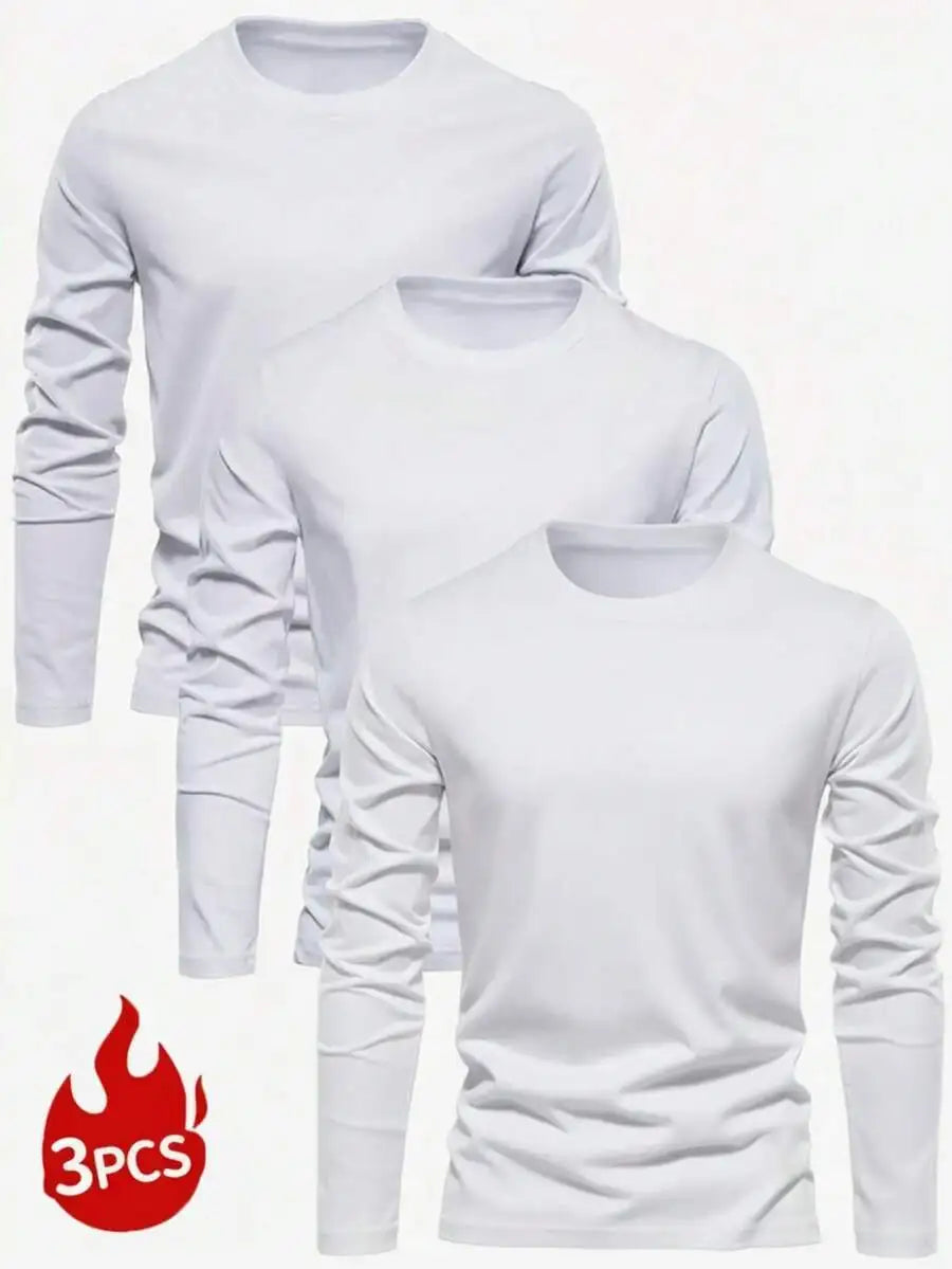 3-Pack Men's Solid Color Round Neck Slim Fit Long Sleeve T-Shirts for Casual Daily Wear
