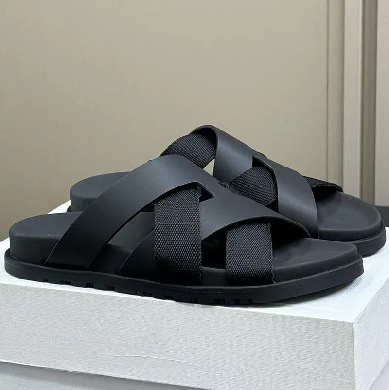 2026 Spring and summer braided calfskin functional sandals, suede color-block slippers, couple's vacation beach slippers