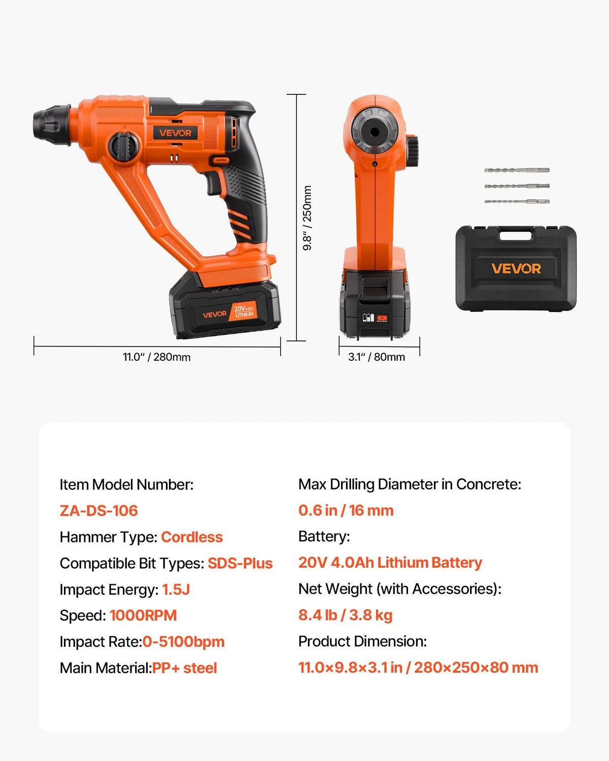 20V Cordless Hammer Drill Lithium Ion 0.6 Inch Rotary Hammer Driver SDS Plus Lightweight Power Tool Kit