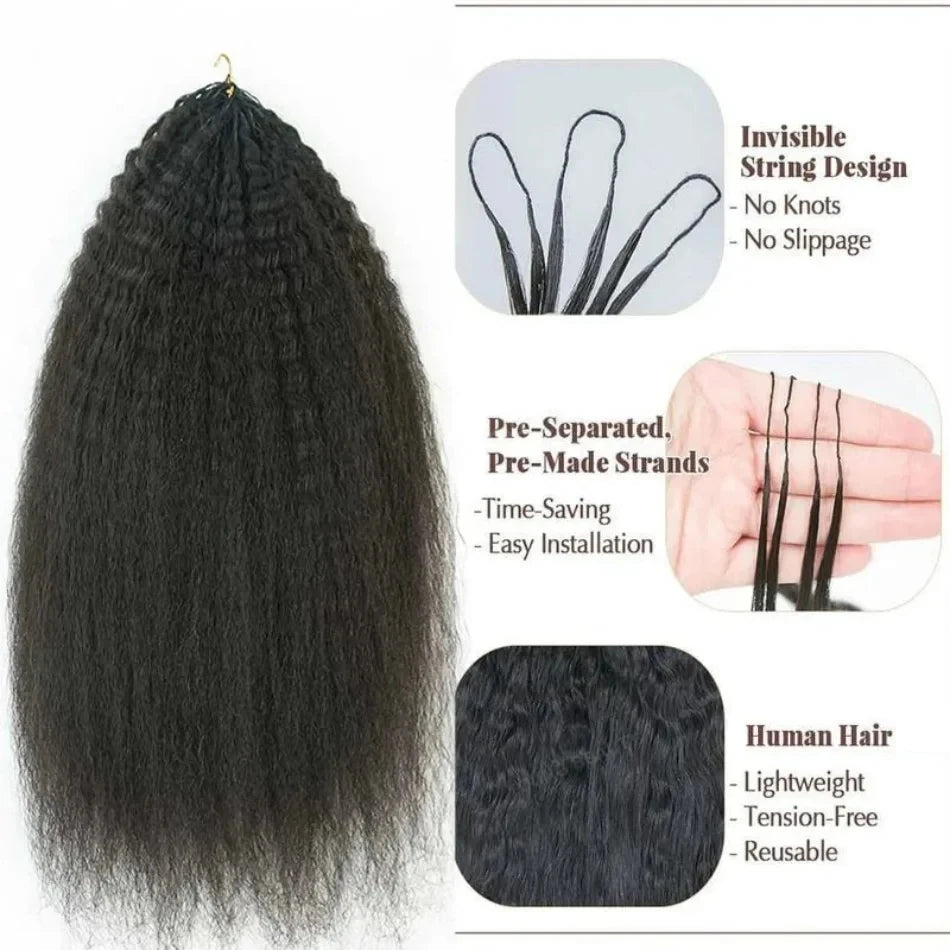 Kinky Straight Feather Crochet Human Hair Extension Wave Pre Separated Knotless Invisble Micro Loop Hair Extensions 60g/pack