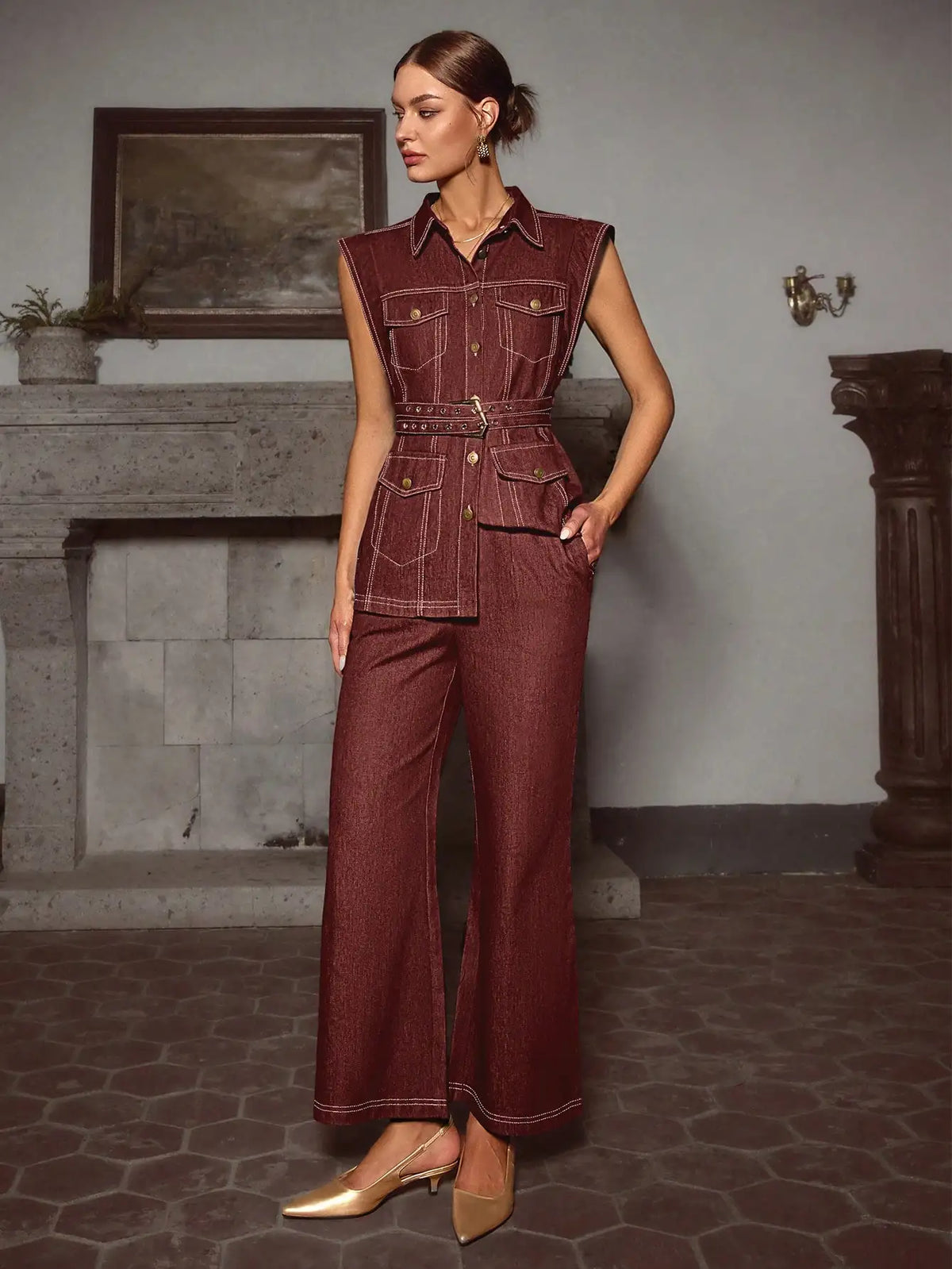 Women's Sleeveless Denim Top With Belted Wide Leg Pants Set Casual Loose Fit