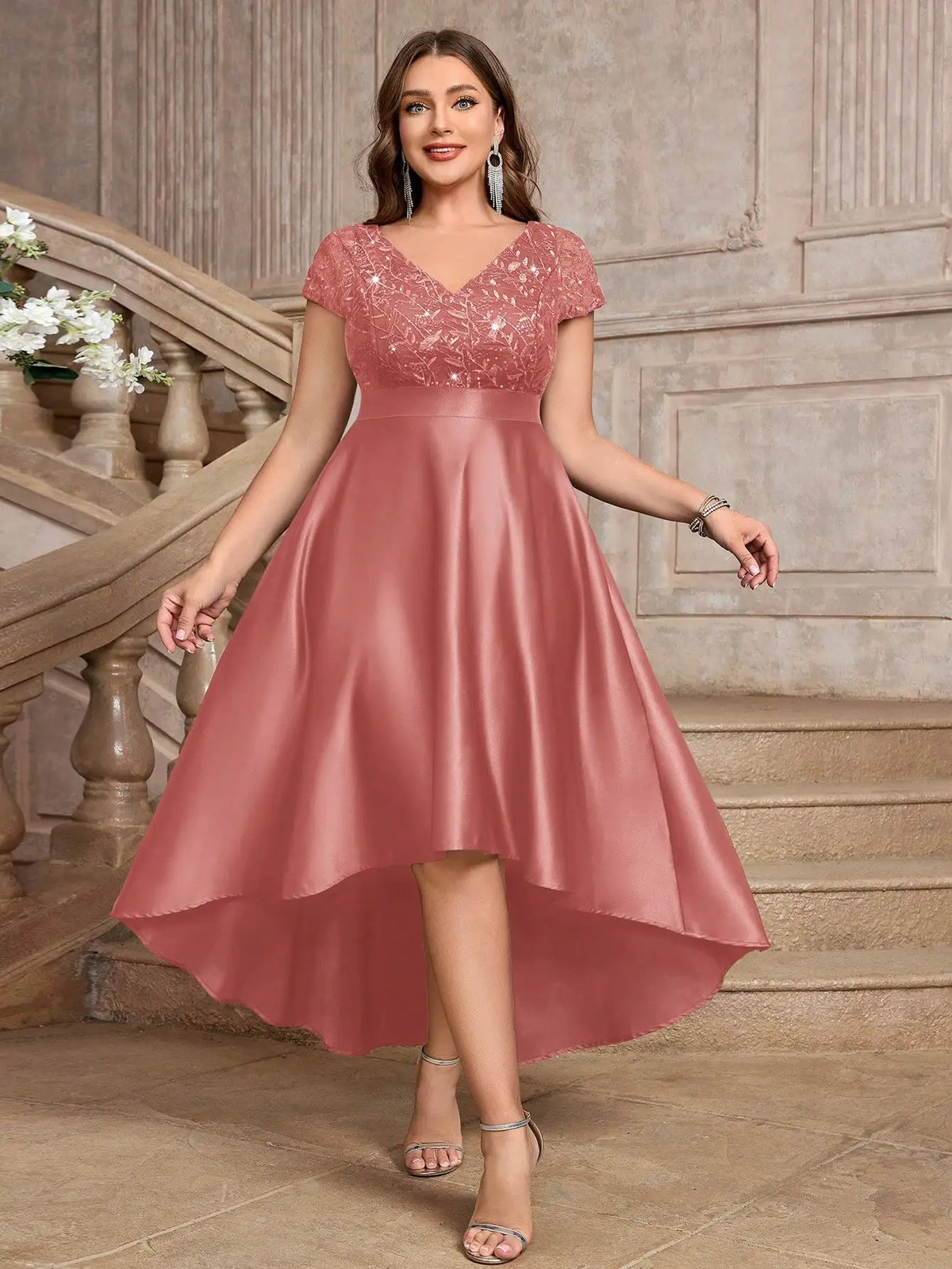 Plus Size V-Neck Sequin Embroidery Satin High-Low A-Line Formal Dress