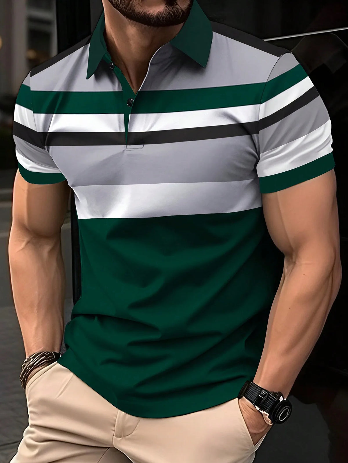 Men's Short Sleeve Striped Polo Shirt in Navy, Red, White & Gray