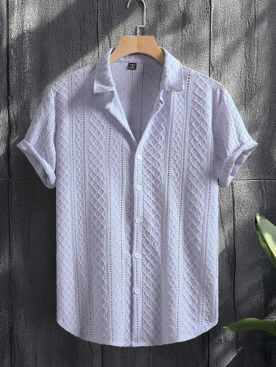 Men's Casual Short Sleeve Shirt with Textured Diamond Pattern, Lightweight Breathable Fabric for Summer Vacation