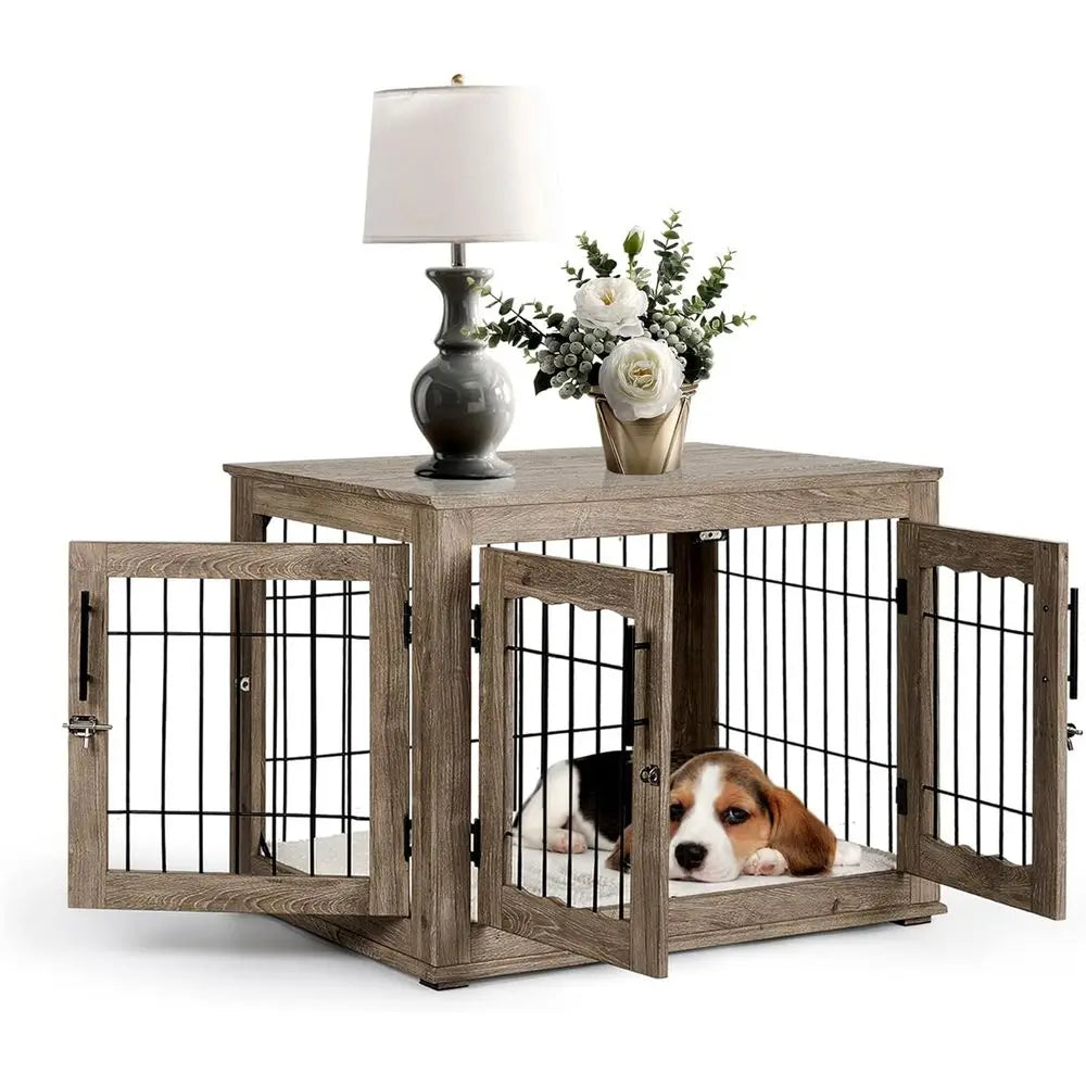 Wooden Medium Dog Crate with Bed, 3-Door Side Table Kennel, Greige