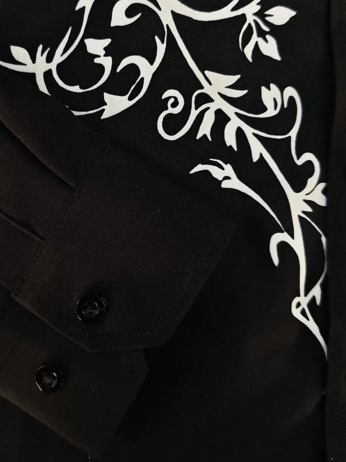 Men's Black Long Sleeve Western-Style Shirt with White Floral Embroidery