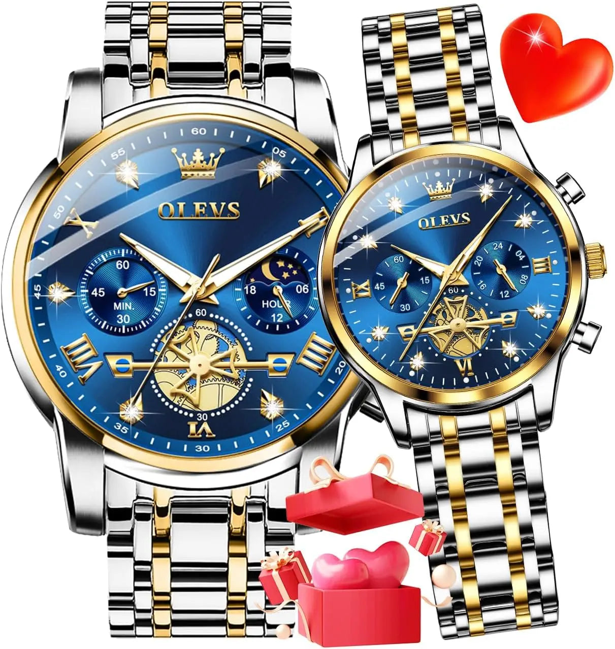 His and Her Matching Couple Watch Set with Diamond Accents, Romantic Valentine's Day Gift for Men and Women